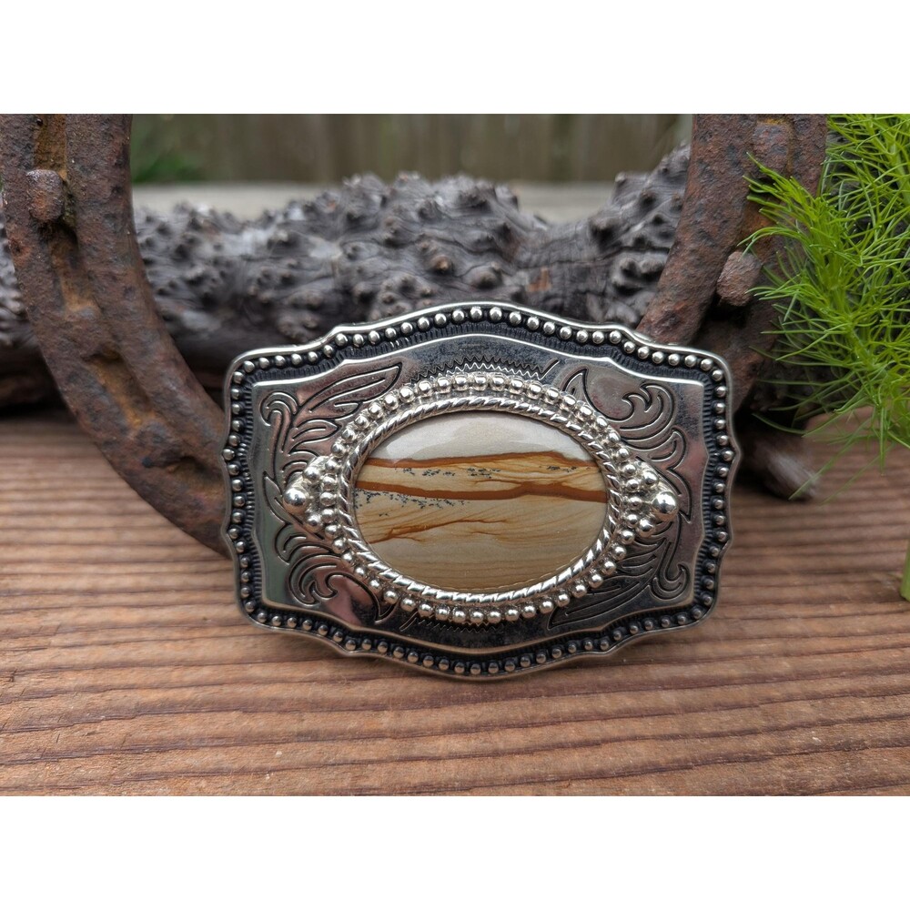 Vintage 80s Landscape Jasper Stone Western Belt Buckle